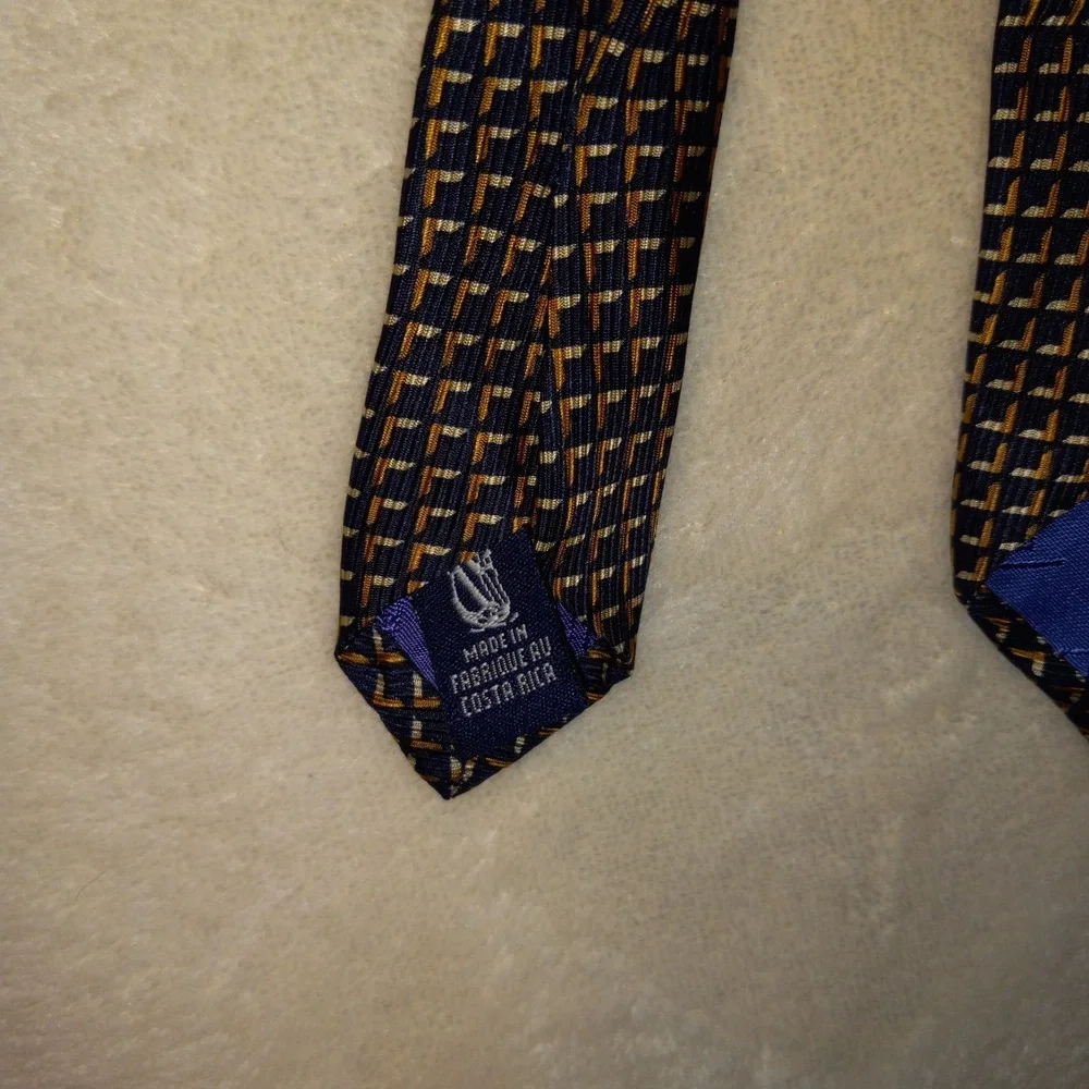 Nautical Navy Blue Yellow White Classic Tiny geometric pattern Tie 100% Silk
